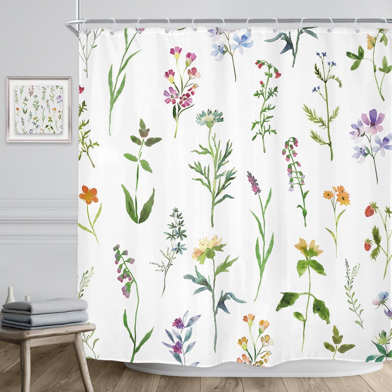 Riyidecor Botanical Shower Curtain for Bathdroom 72Wx72H Inch Watercolor Wildflower Shower Curtains Floral Leaves Plant Flower Girl Bathroom Accessories Women Fabric Waterproof 12 Plastic Shower Hooks - Image 3
